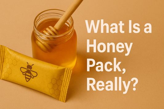 Promotional graphic with the text “What Is a Honey Pack?” highlighting a clean wellness alternative made with Manuka honey and B vitamins.