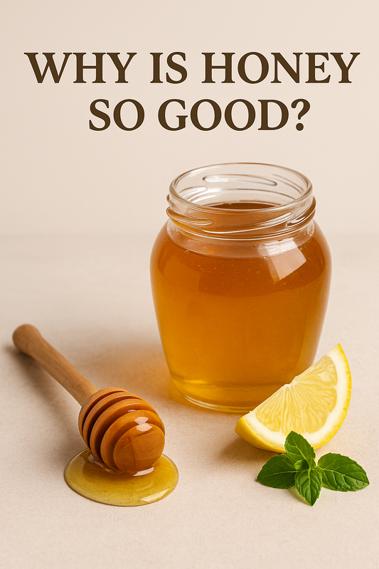 A jar of golden honey beside a honeycomb and wooden dipper, with soft natural lighting and wellness-inspired tones – visualising the purity and natural appeal of honey.