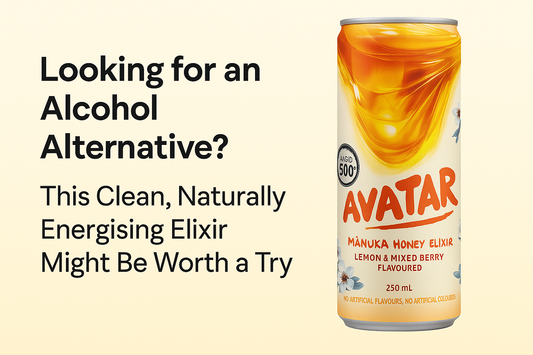 Promotional image featuring a 250 mL can of Avatar Manuka Honey Elixir with bold headline text reading “Looking for an Alcohol Alternative?” alongside a soft gradient background, highlighting the product as a clean, naturally energising drink option.