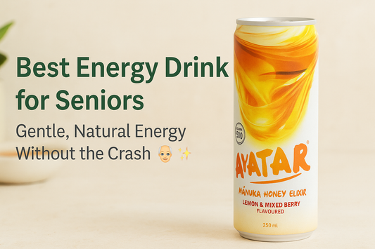 Avatar Manuka Honey Elixir can with the headline ‘Best Energy Drink for Seniors: Gentle, Natural Energy Without the Crash’ on a clean, wellness-themed background.”