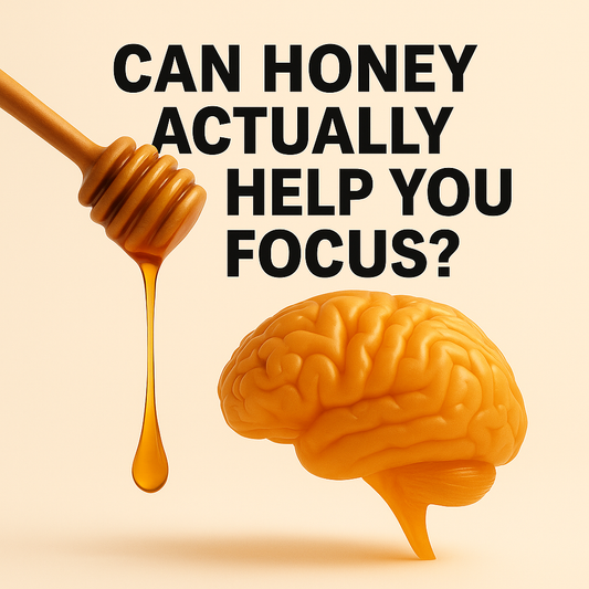Can honey help you focus? A calming, science-inspired graphic featuring honey drizzle, a soft glow, and a natural wellness tone — designed to reflect the brain-boosting benefits of honey