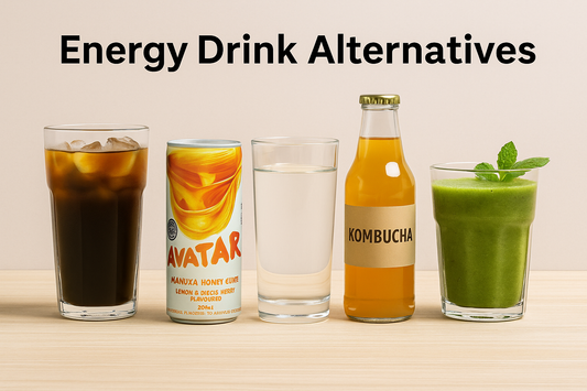 A line up of alternative energy drinks, green tea, kombucha, manuka honey drink