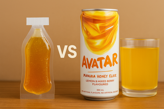 clean image of a honey pack and a honey drink