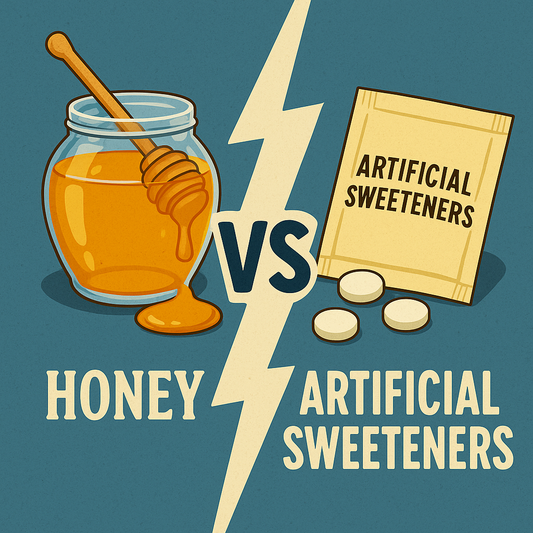 Illustration comparing natural honey to artificial sweeteners, highlighting honey’s health benefits and clean ingredients versus processed chemical additives in artificial sweeteners