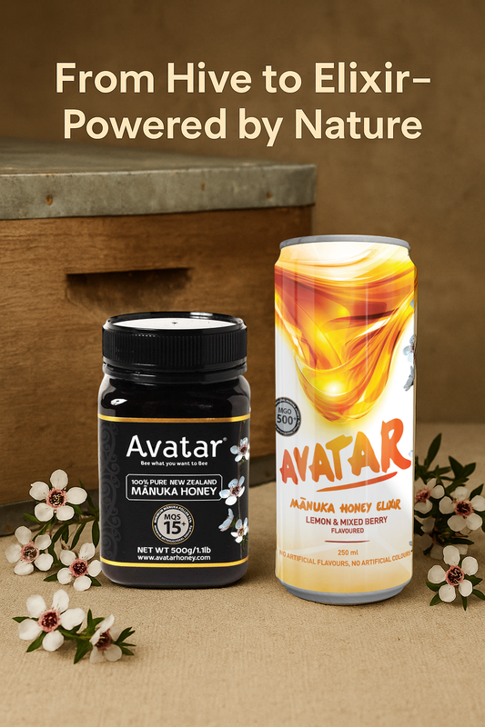 avatar elixir can next to a mgo500 jar of honey from avatar set with a bee hive in the background and Manuka flowers played out on a table