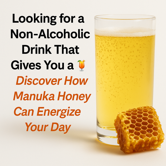 Glass of golden fizzy drink beside a honeycomb on a clean surface, promoting a non-alcoholic buzz from natural Manuka honey in a vibrant wellness-themed ad.