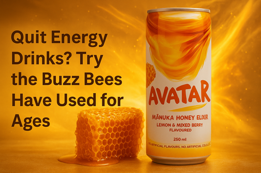 Promotional graphic featuring a can of Avatar Manuka Honey Elixir alongside honeycomb and energetic glow effects, with the headline “Quit Energy Drinks? Try the Buzz Bees Have Used for Ages,” highlighting a natural, bee-powered energy alternative.