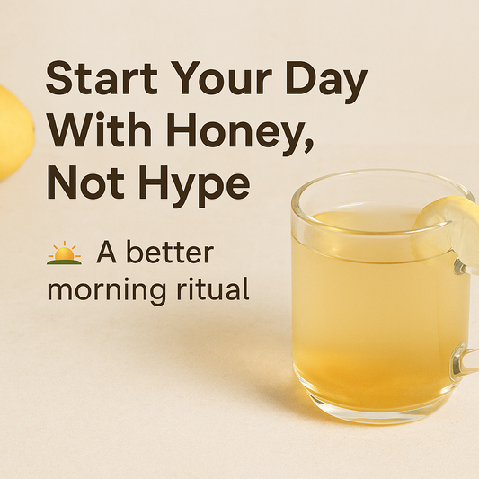A minimalist morning scene featuring a glass of golden honey drink with lemon, promoting a calm wellness ritual. Soft natural lighting suggests clarity and hydration to start the day without caffeine crashes.