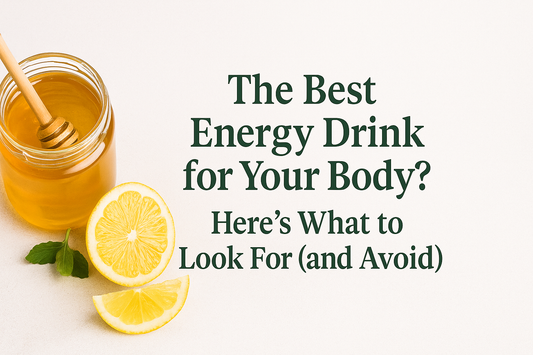 Jar of golden honey with dipper beside lemon slices, promoting natural energy and wellness.