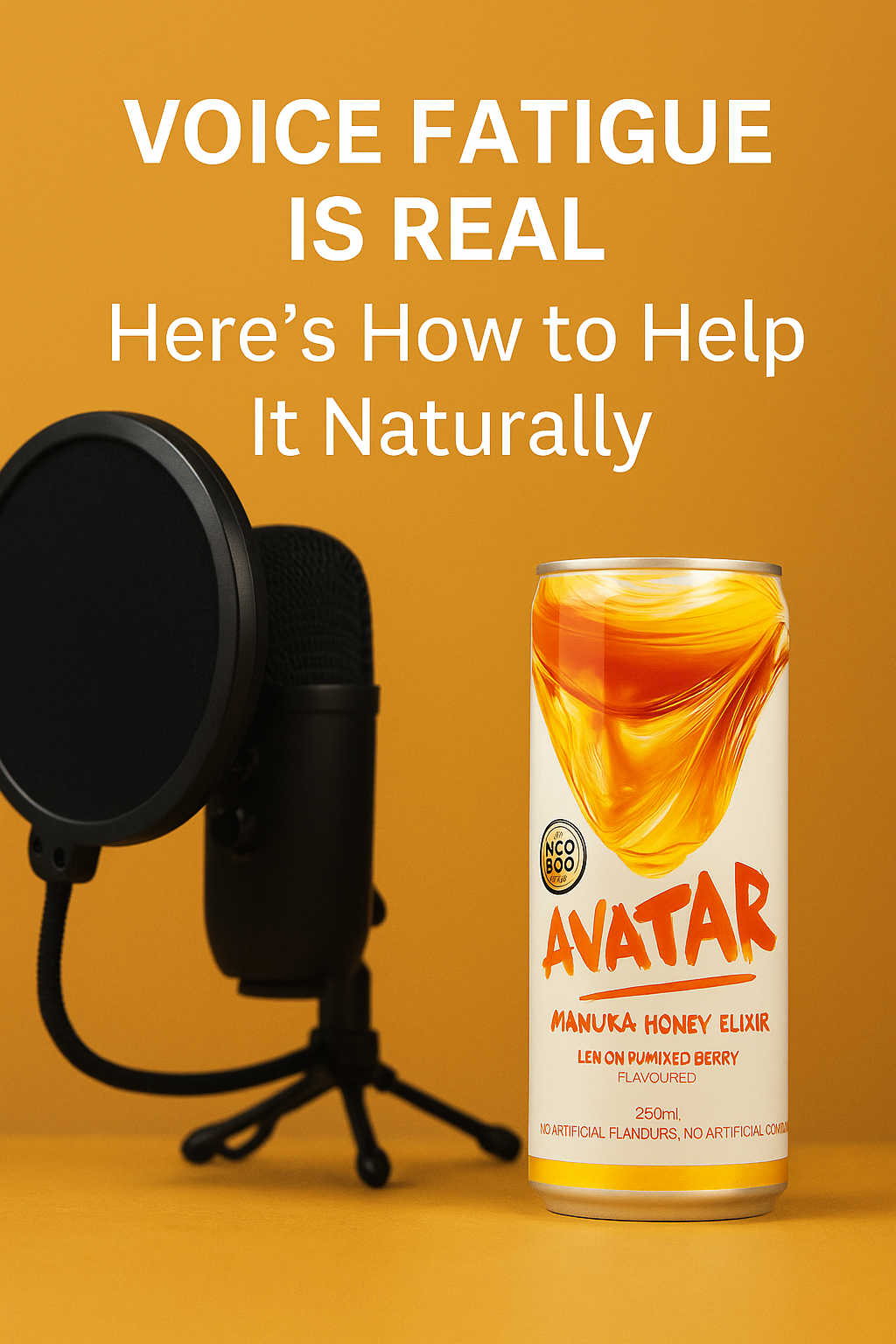 A can of Avatar Manuka Honey Elixir with honey and voice-related graphics, symbolising natural support for speakers, streamers, and vocal professionals.