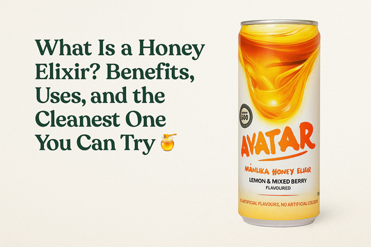 Avatar Manuka Honey Elixir can with golden swirl design on a clean wellness-themed background, featuring blog title ‘What Is a Honey Elixir?