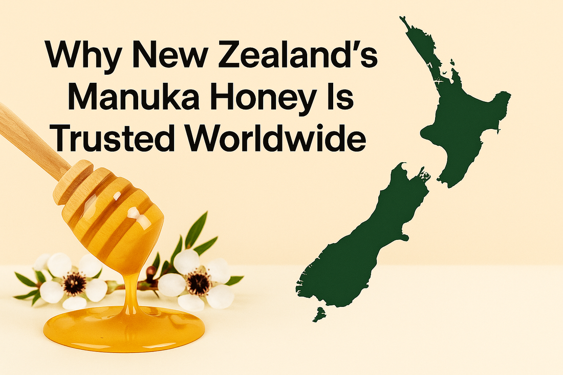 A promotional image showcasing New Zealand’s trusted Manuka honey heritage, featuring a scenic map outline and golden honey to represent purity and origin