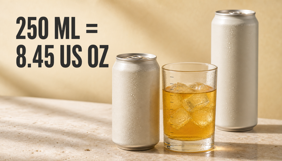 Avatar Manuka Honey Elixir 250 ml can beside a glass showing its approximate 8.45 US ounce pour size, with a larger blank can behind for scale.