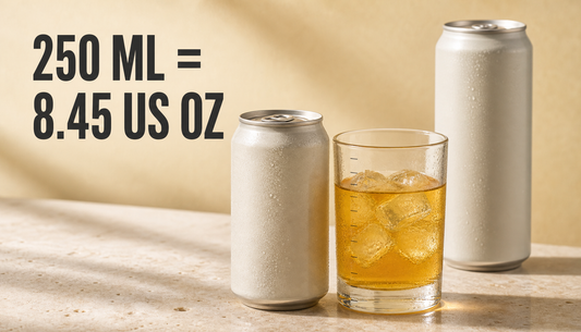 Avatar Manuka Honey Elixir 250 ml can beside a glass showing its approximate 8.45 US ounce pour size, with a larger blank can behind for scale.