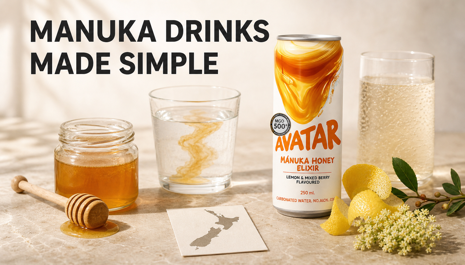Avatar Elixir Manuka honey drink shown beside honey, water, citrus, botanicals, and a New Zealand origin cue under the headline Manuka Drinks Made Simple.