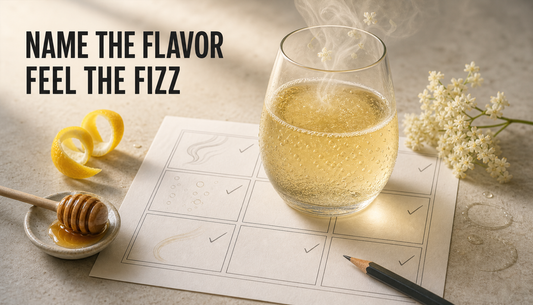Editorial hero image of a sparkling honey-citrus drink on a tasting grid with lemon peel, honey, elderflower, and the headline NAME THE FLAVOR FEEL THE FIZZ.