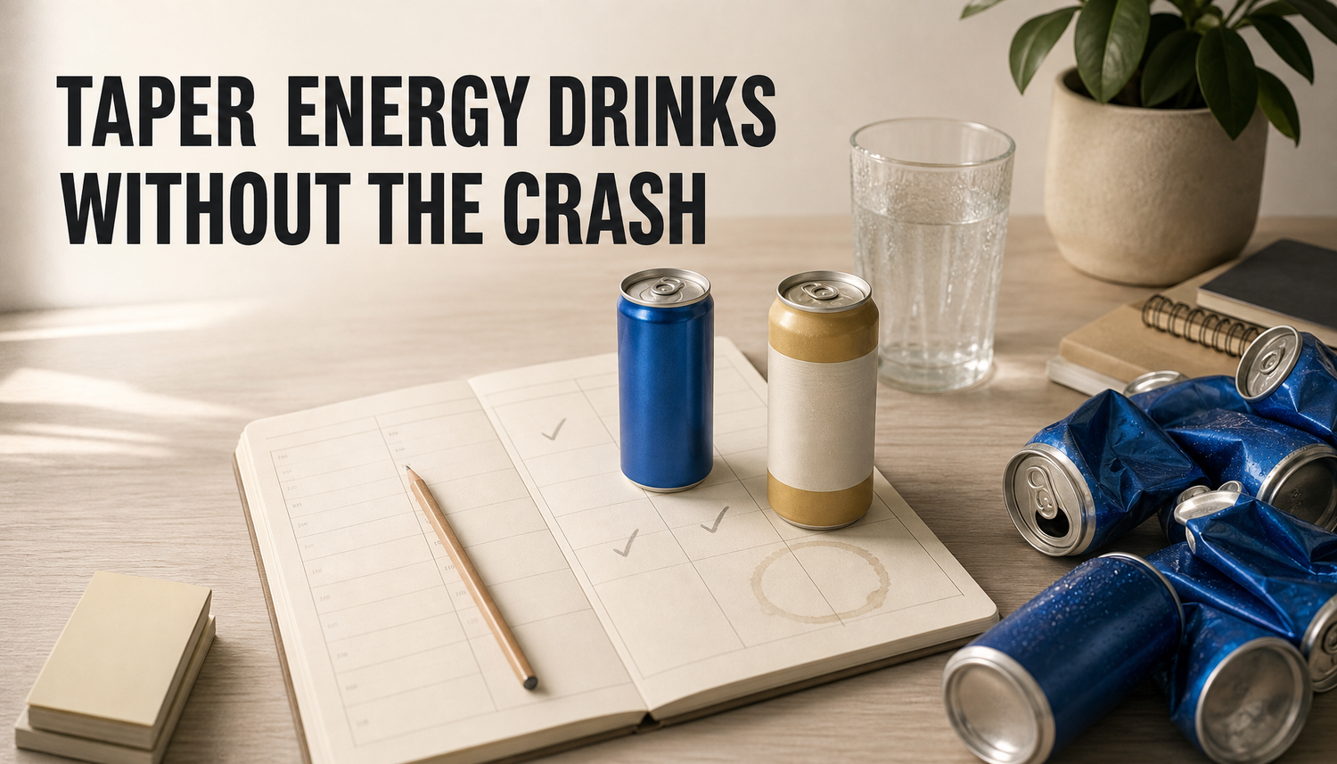 Editorial desk scene showing generic energy drink cans being organized into a taper plan with one unlabeled natural replacement drink, under the headline TAPER ENERGY DRINKS WITHO...