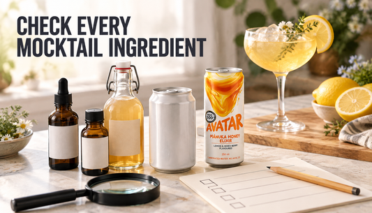 Editorial mocktail prep scene showing a host checking ingredient labels, including bitters, extracts, fermented mixers, a dealcoholized-style can, and Avatar Elixir before serving...