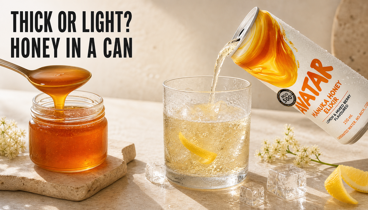 Avatar Elixir can pouring a lightly sparkling honey drink beside a jar of thick honey, with headline text asking “Thick or Light? Honey in a Can.”