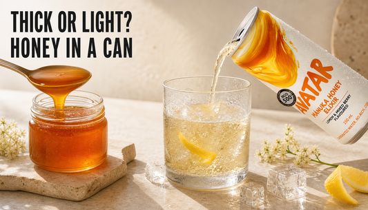 Avatar Elixir can pouring a lightly sparkling honey drink beside a jar of thick honey, with headline text asking “Thick or Light? Honey in a Can.”