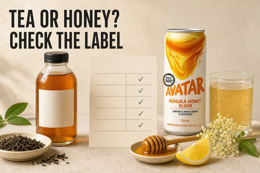 Editorial comparison of a generic bottled iced tea beside an Avatar Elixir can, with honey, lemon, elderflower, tea leaves and a blank label-check card under the headline “TEA OR HONEY? CHECK THE LABEL.”