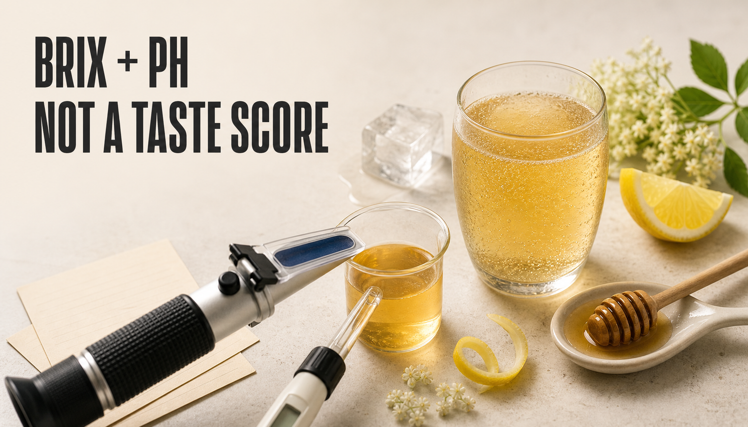 Editorial beverage-science hero showing Brix and pH measuring tools beside a golden functional drink with honey, lemon, elderflower, bubbles, and the headline Brix plus pH, not a...