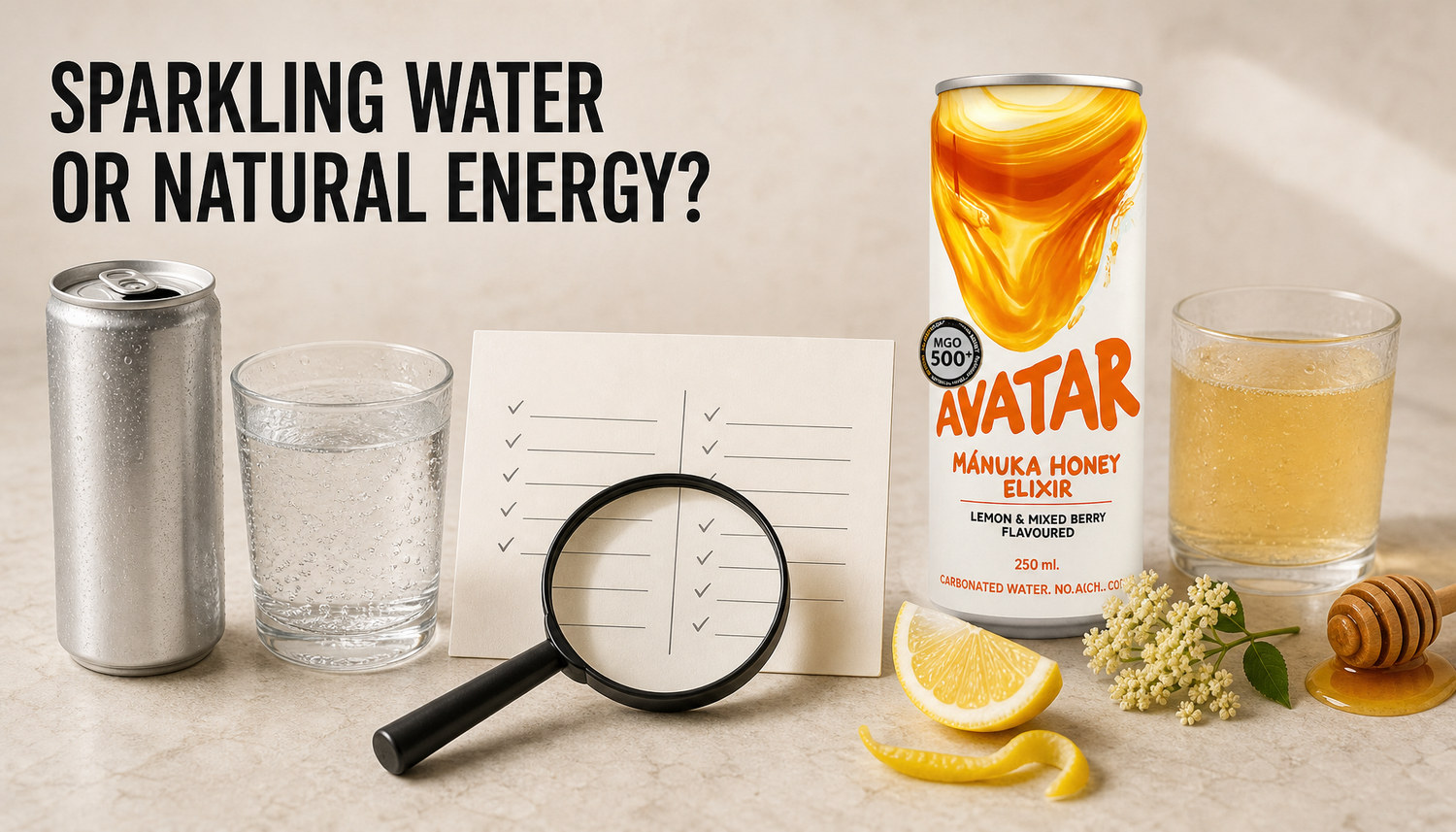 Side-by-side hero image comparing generic caffeinated sparkling water with Avatar Elixir natural energy drink, with a magnifying glass over a blank label-check card.
