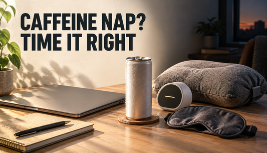 Editorial caffeine nap setup with a blank energy drink can, eye mask, alarm, and work-break objects under early-afternoon light, emphasizing timing.