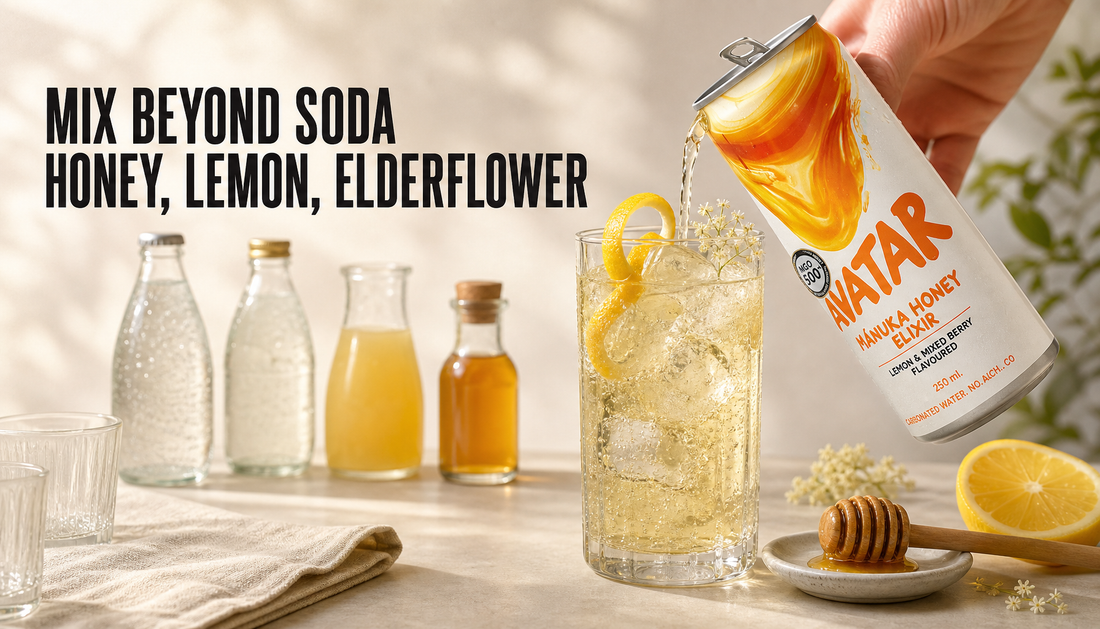 Avatar Manuka honey drink can poured beside an ice-filled highball with lemon, elderflower, honey, and simple mixer alternatives on a warm hosting table.