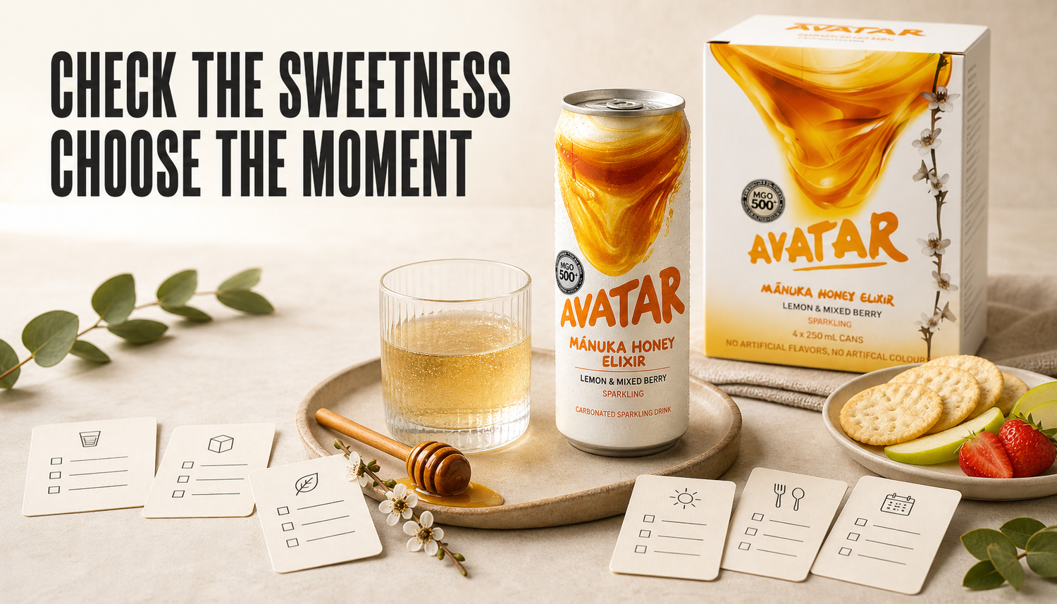 Avatar Manuka honey energy drink on a calm tabletop with a small serving glass, snack pairing, and checklist cards under the headline Check the Sweetness, Choose the Moment.