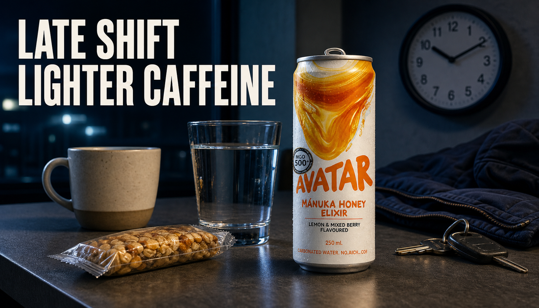 Avatar Elixir can on a night-shift break table beside water, a snack, a pushed-aside coffee, clock, keys, and jacket, with headline reading Late Shift Lighter Caffeine.
