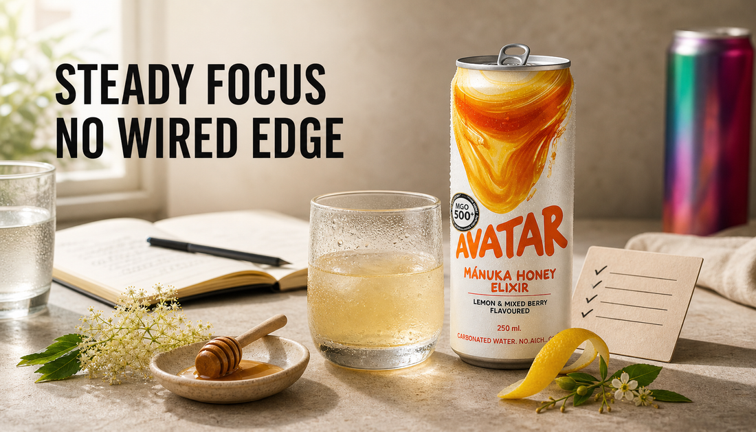 Avatar Elixir can on a calm worktable with a poured glass, notebook, water, honey, and citrus cues under the headline Steady Focus, No Wired Edge.