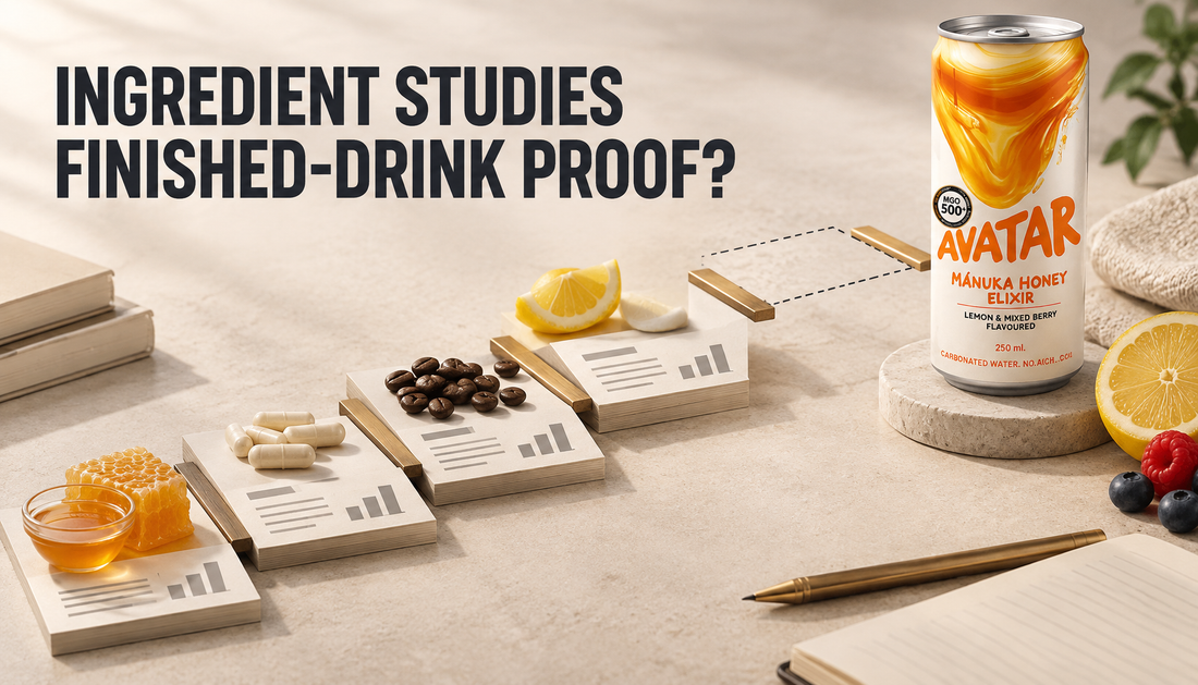 Editorial hero showing an Avatar Elixir can beside a paper evidence ladder that stops short of the drink, illustrating the gap between ingredient studies and finished-drink proof.