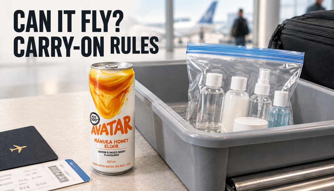 Avatar Manuka Honey Elixir can beside an airport security tray and carry-on liquids bag with headline text reading Can It Fly? Carry-On Rules.