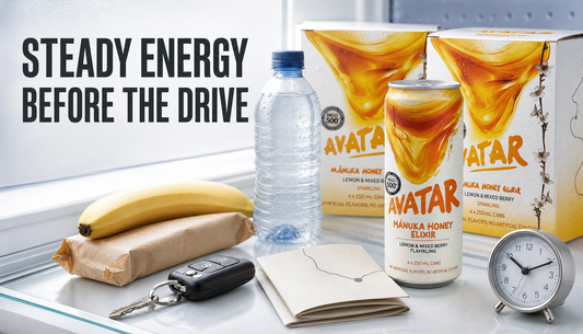 Chilled Manuka Honey Drink product beside water, snack, keys, route card, and clock with the headline Steady Energy Before the Drive.