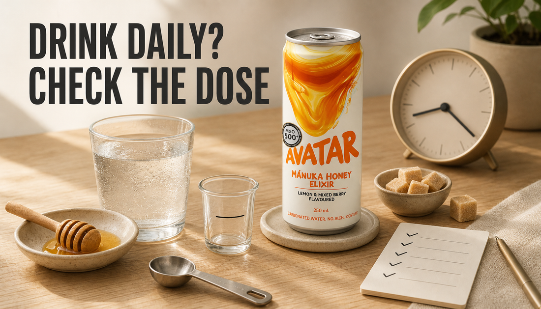 Editorial tabletop scene with a blank energy drink can, water glass, serving glass, sugar cubes, spoon, clock, and the headline Drink Daily? Check the Dose.