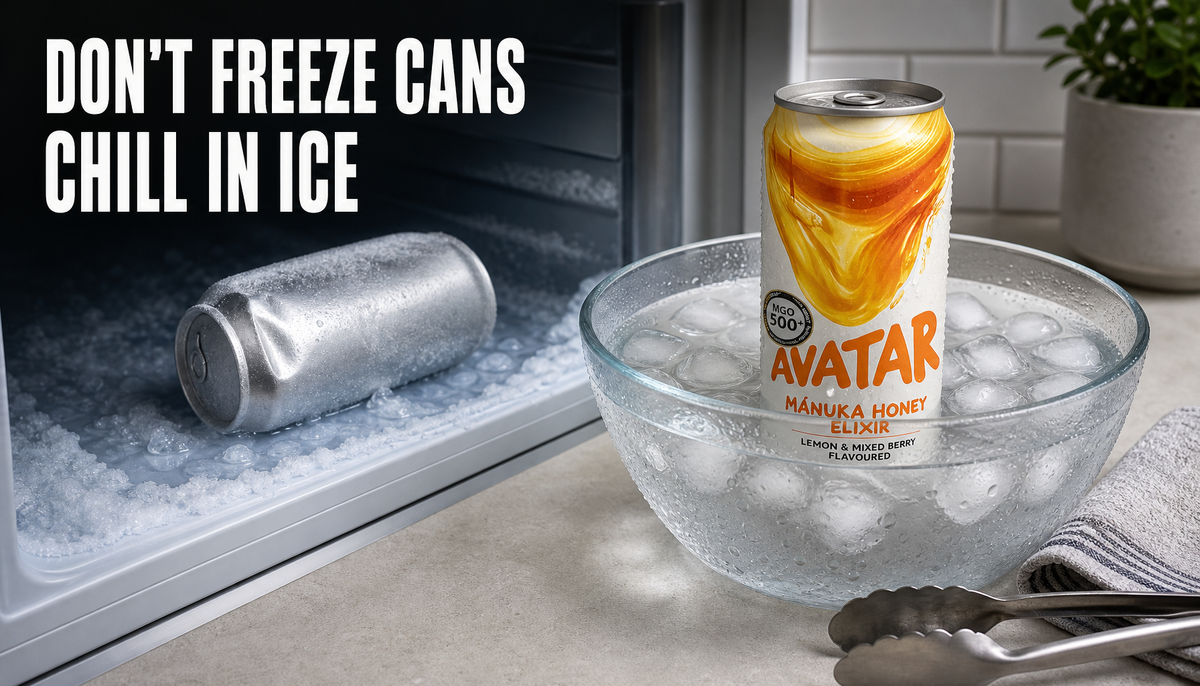 Editorial hero showing an intact Avatar Elixir can chilling in an ice-water bath while a separate generic frosted can bulges in an open freezer, with the headline Don’t Freeze Can...