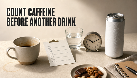 Editorial tabletop scene showing a half-finished coffee, an unopened blank energy drink can, a caffeine tally card, water, snack, and clock under the headline COUNT CAFFEINE BEFOR...
