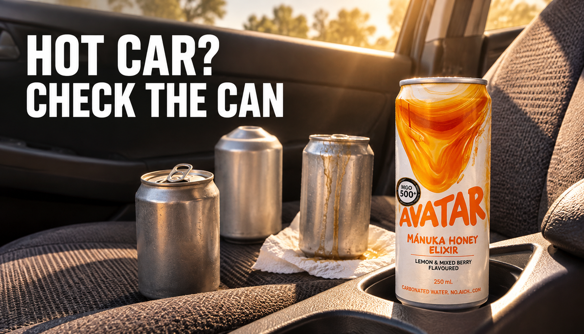 Avatar Elixir can in a sun-warmed parked car beside generic cans showing bulging, leaking, and opened-drink warning cues, with the headline Hot Car? Check the Can.