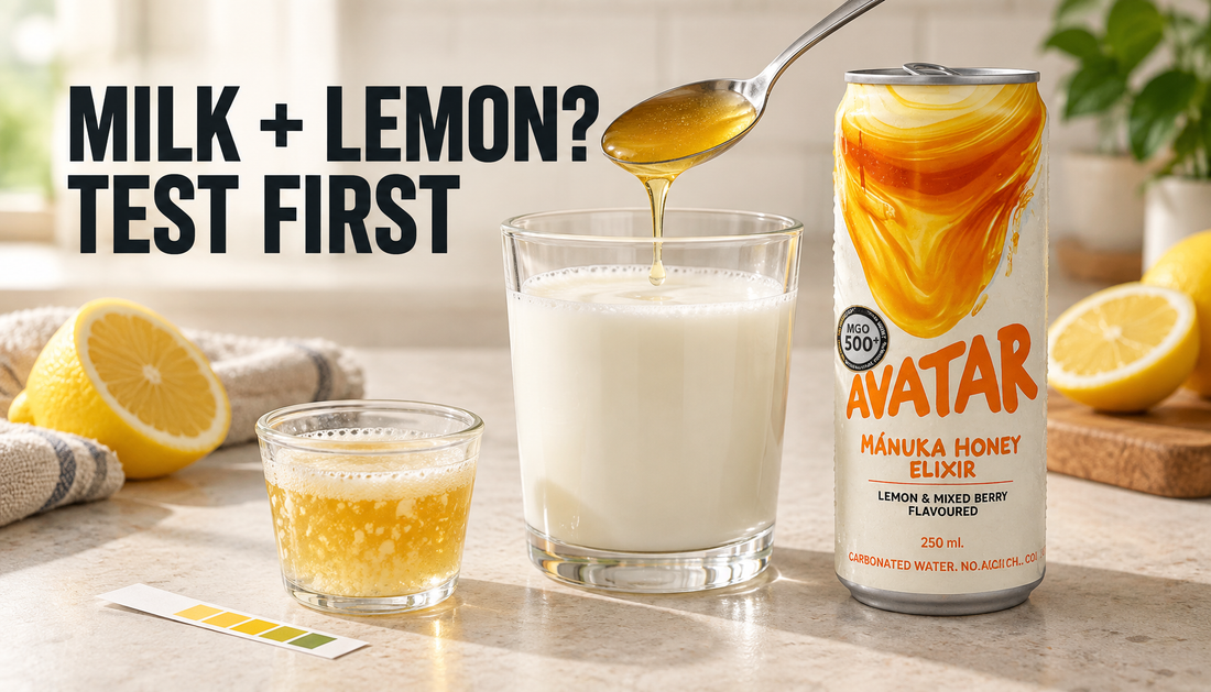 Avatar Elixir can beside milk and a small honey-lemon test sample showing flecks, foam, and separation, with the headline Milk plus Lemon? Test First.
