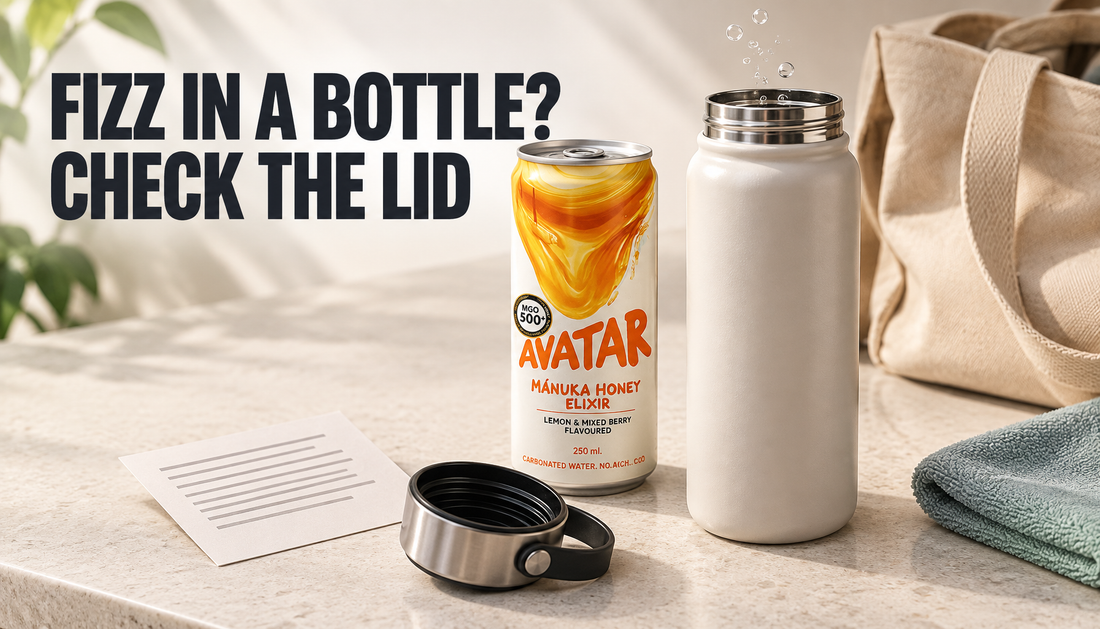 Avatar Elixir can beside a reusable bottle and separated lid, with headline FIZZ IN A BOTTLE? CHECK THE LID, illustrating a carbonation compatibility check before transferring a d...