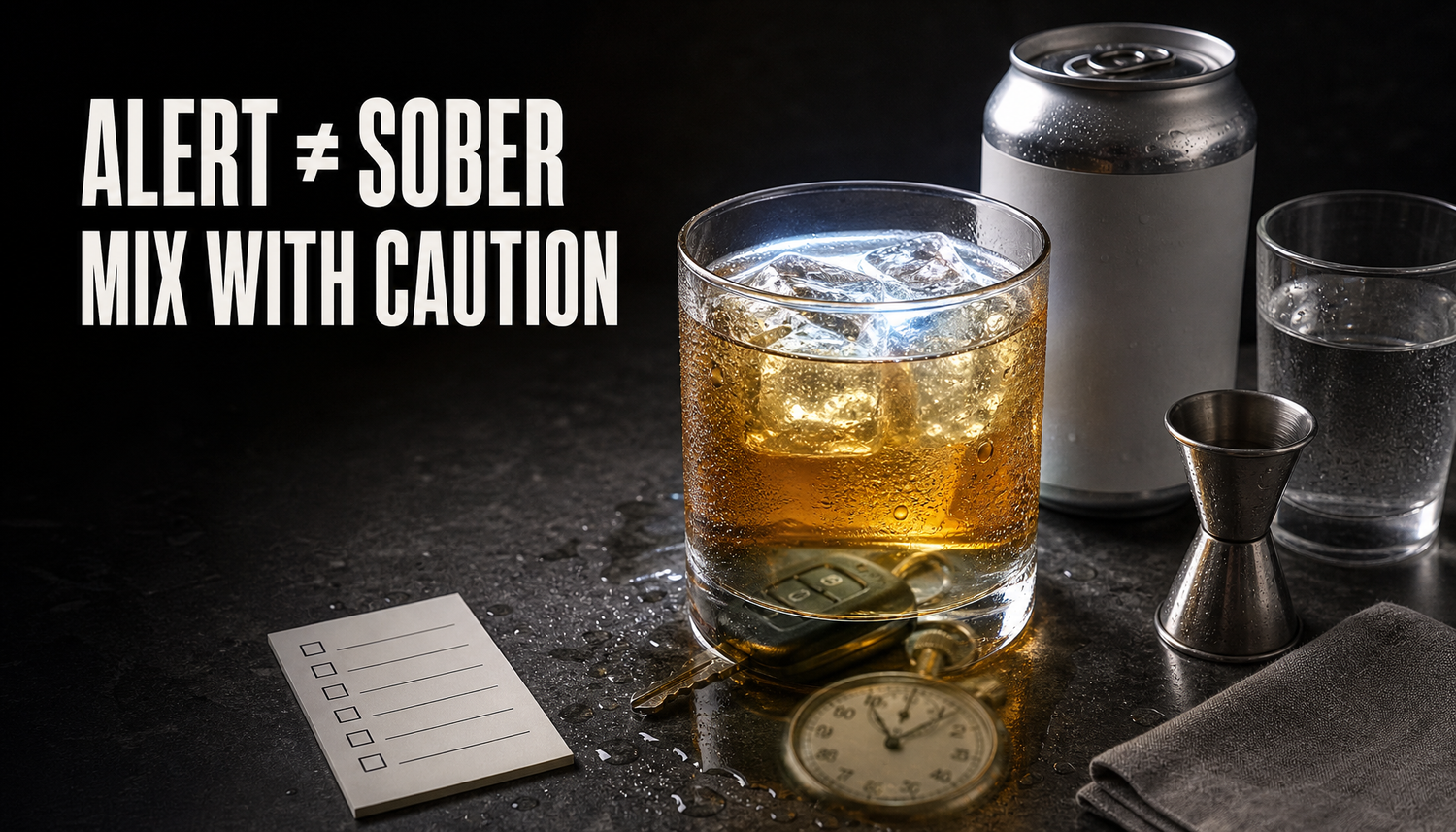 Editorial hero image showing a mixed drink with a generic caffeinated mixer, water glass, jigger, and car keys, with the headline ALERT ≠ SOBER / MIX WITH CAUTION.