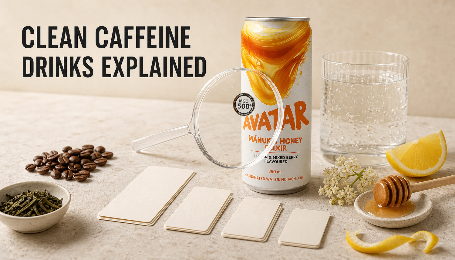 Avatar Elixir can on a warm stone surface with honey, lemon, elderflower, coffee beans, tea leaves, sparkling drink cues, and the headline Clean Caffeine Drinks Explained.