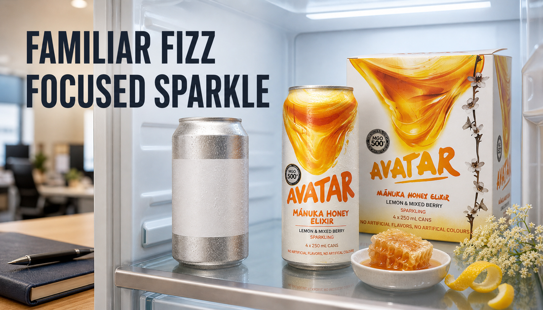 Office fridge choice between a generic soft drink and Avatar Elixir, with honey, lemon, and elderflower cues for a clean caffeine workday drink comparison.