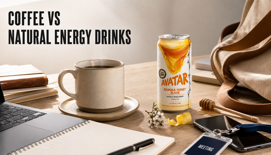 A mid-afternoon work desk compares a coffee mug with an Avatar Elixir canned drink beside meeting items, with the headline Coffee vs Natural Energy Drinks.