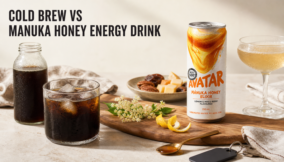Editorial hero image comparing cold brew with Avatar Elixir Manuka honey energy drink on a pale tabletop, with a short headline and occasion-based serving cues.