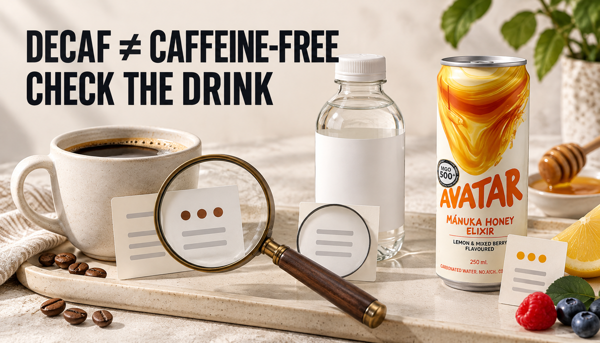 Editorial tabletop hero showing decaf, caffeine-free, and Avatar Elixir drink choices being checked with a magnifying glass to distinguish reduced caffeine from caffeine-free.