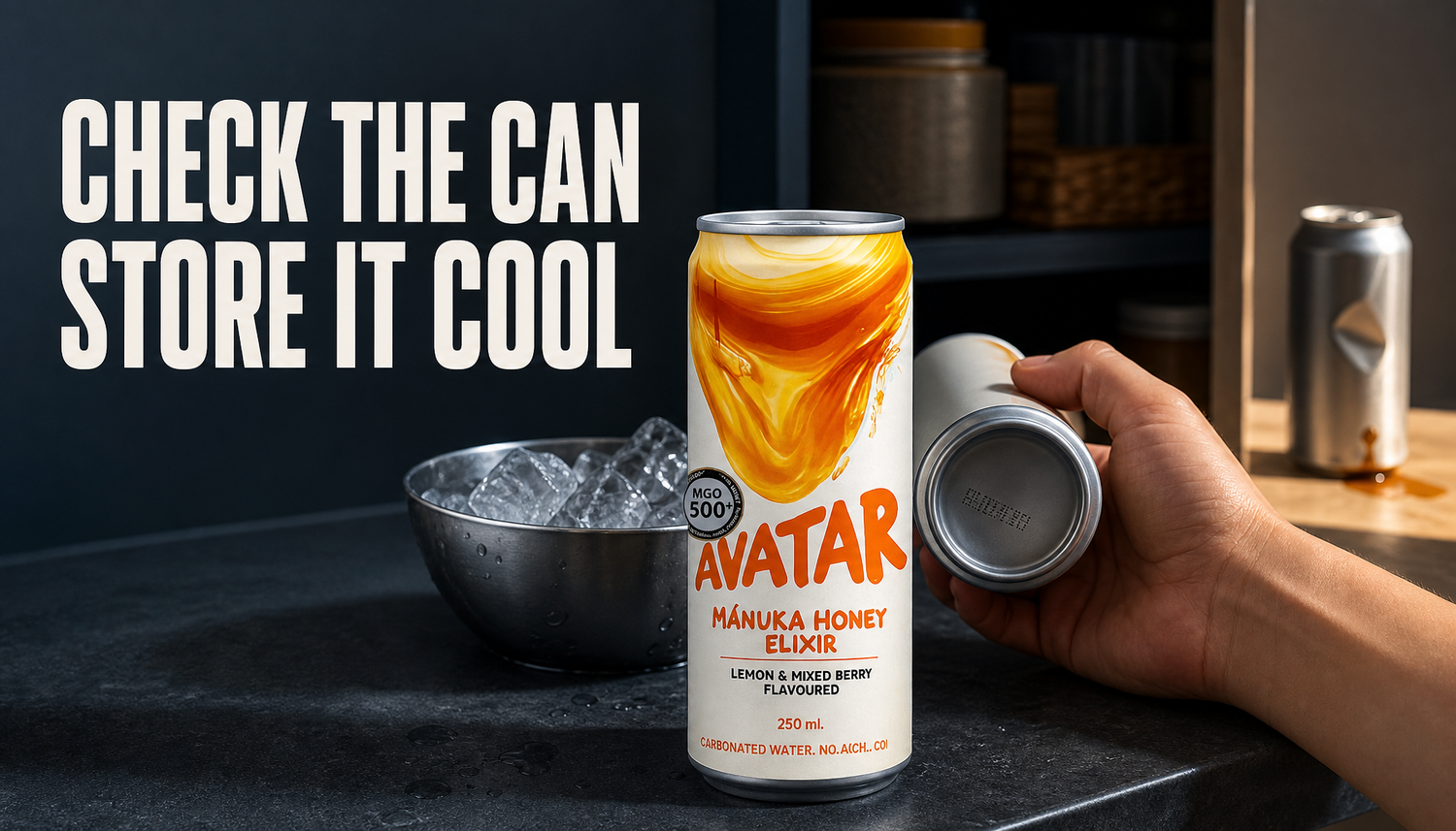 Avatar Elixir can stored upright in a cool pantry setting while a hand checks the can underside, contrasted with a generic dented can in warm sunlight.