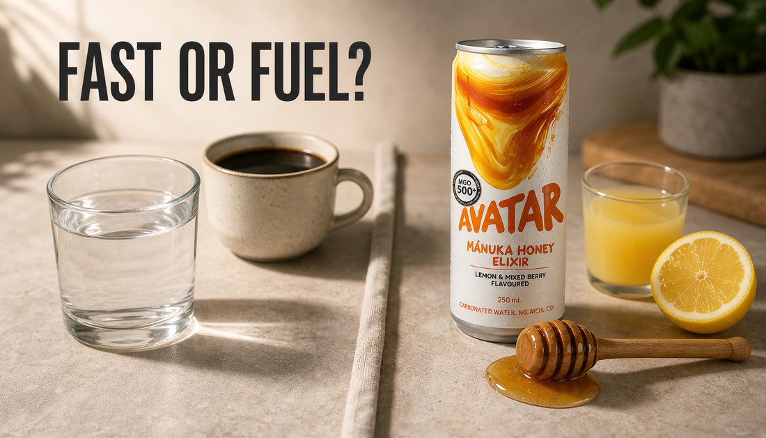 Avatar Elixir beside water, black coffee, honey, and juice on a breakfast table, showing the choice between a strict fast and a flexible wellness routine.