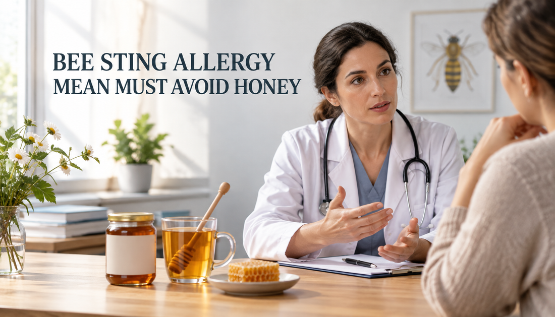 Editorial illustration for Does a Bee Sting Allergy Mean You Must Avoid Honey Drinks?, highlighting Bee venom allergy and honey allergy describe different exposures, Honey reactio...